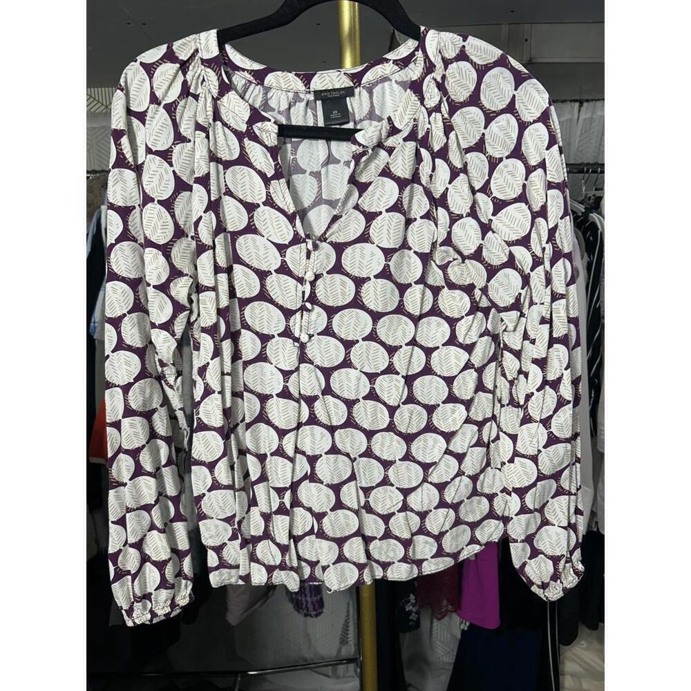 Ann Taylor Women’s Blouse XS White Purple Circle Long Sleeve Casual Top